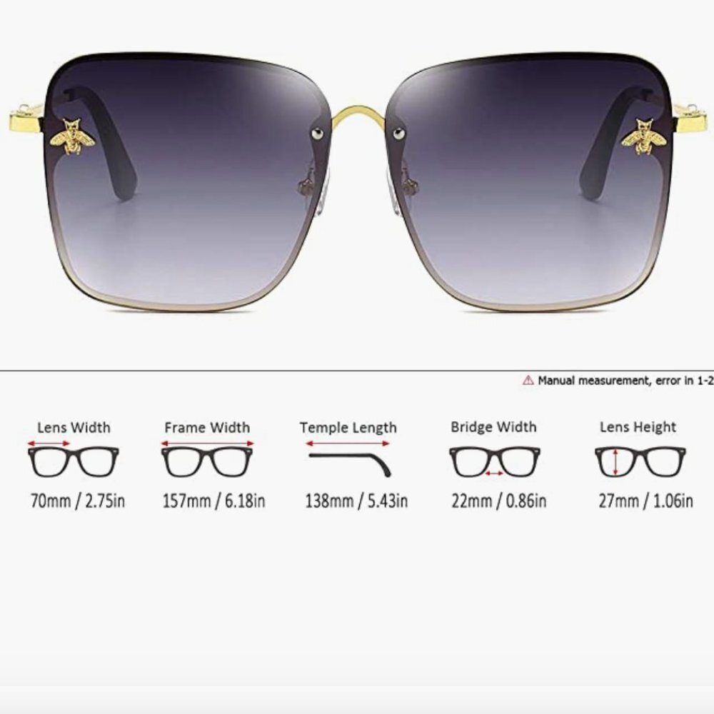 Retro Dark Grey Gold Ombre Oversized Square Rectangle Rimless Sunglasses - Picture 7 of 8
